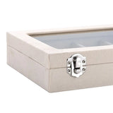 Beige Velvet Glass Jewelry Box Organizer Rings Earrings Tray