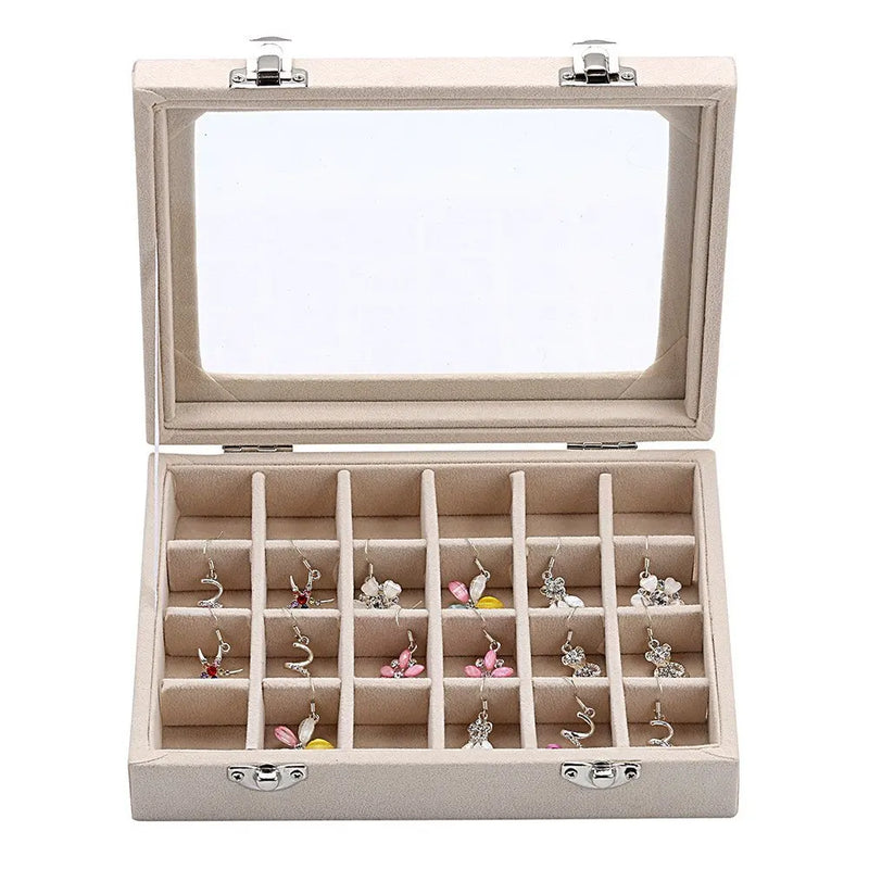 Beige Velvet Glass Jewelry Box Organizer Rings Earrings Tray
