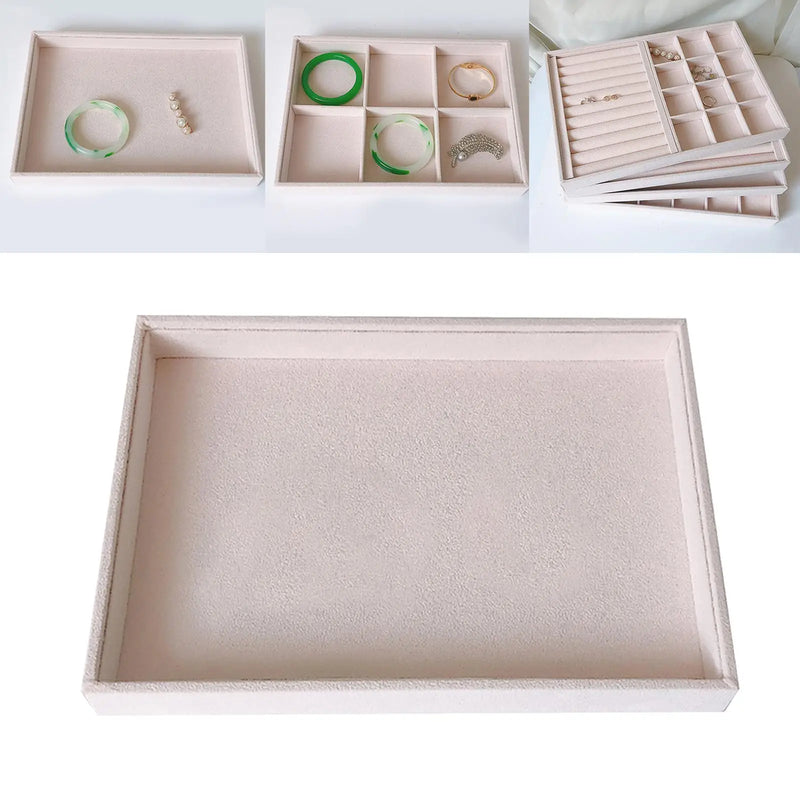 Beige Velvet Wood Storage Jewelry Box Display Tray Holder Ear Necklace Bracelet