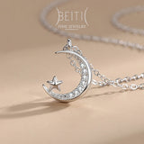 925 Silver Moon & Star CZ Pendant Necklace Women Wedding Jewelry