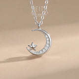 925 Silver Moon & Star CZ Pendant Necklace Women Wedding Jewelry