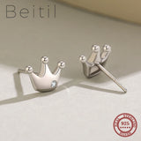 Beitil Small Crown Stud Earrings 925 Sterling Silver Women's Minimalist Jewelry
