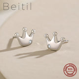 Beitil Small Crown Stud Earrings 925 Sterling Silver Women's Minimalist Jewelry