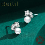 Beitil 925 Silver Pearl Stud Earrings Women Wedding Fine Jewelry