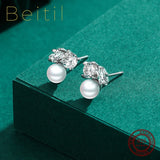 Beitil 925 Silver Pearl Stud Earrings Women Wedding Fine Jewelry
