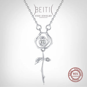 Beitil 925 Silver Rose Flower Zircon Pendant Necklace Romantic Wedding Jewelry