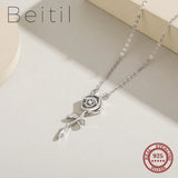 Beitil 925 Silver Rose Flower Zircon Pendant Necklace Romantic Wedding Jewelry