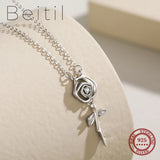 Beitil 925 Silver Rose Flower Zircon Pendant Necklace Romantic Wedding Jewelry