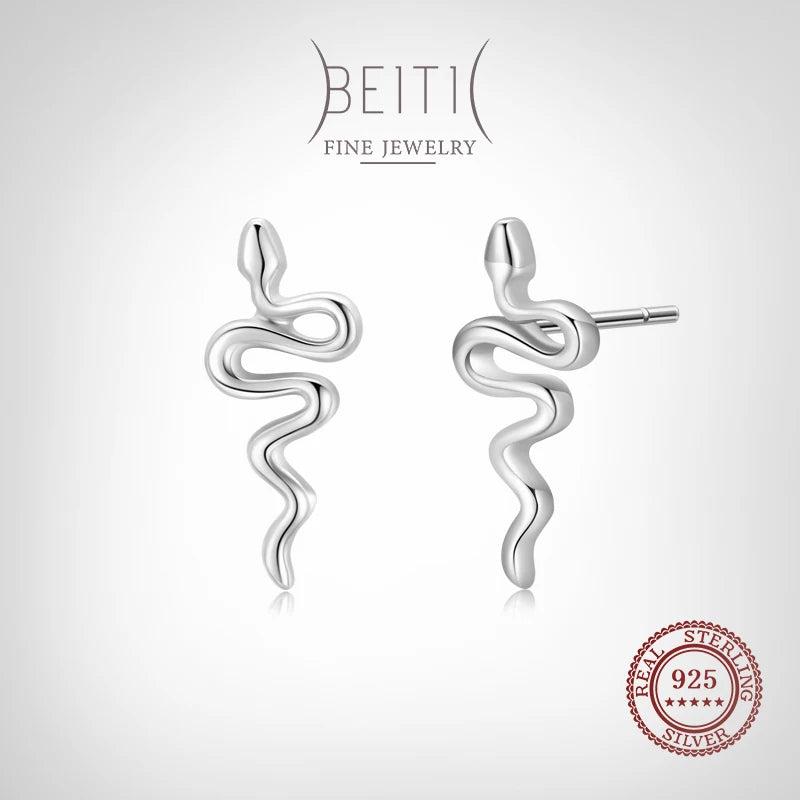 Beitil 925 Silver Snake Stud Earrings Women's Minimalist Fine Jewelry