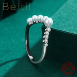 Radiant Zircon V Shape Pearl 925 Silver Ring Wedding Jewelry