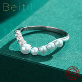 Radiant Zircon V Shape Pearl 925 Silver Ring Wedding Jewelry