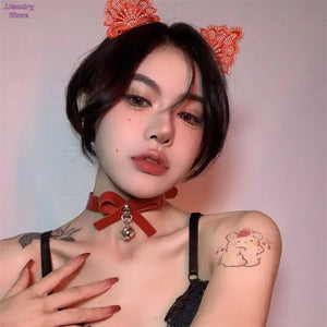 Leather Bell Choker Necklace Cat Cosplay Bow Collar Gothic Jewelry
