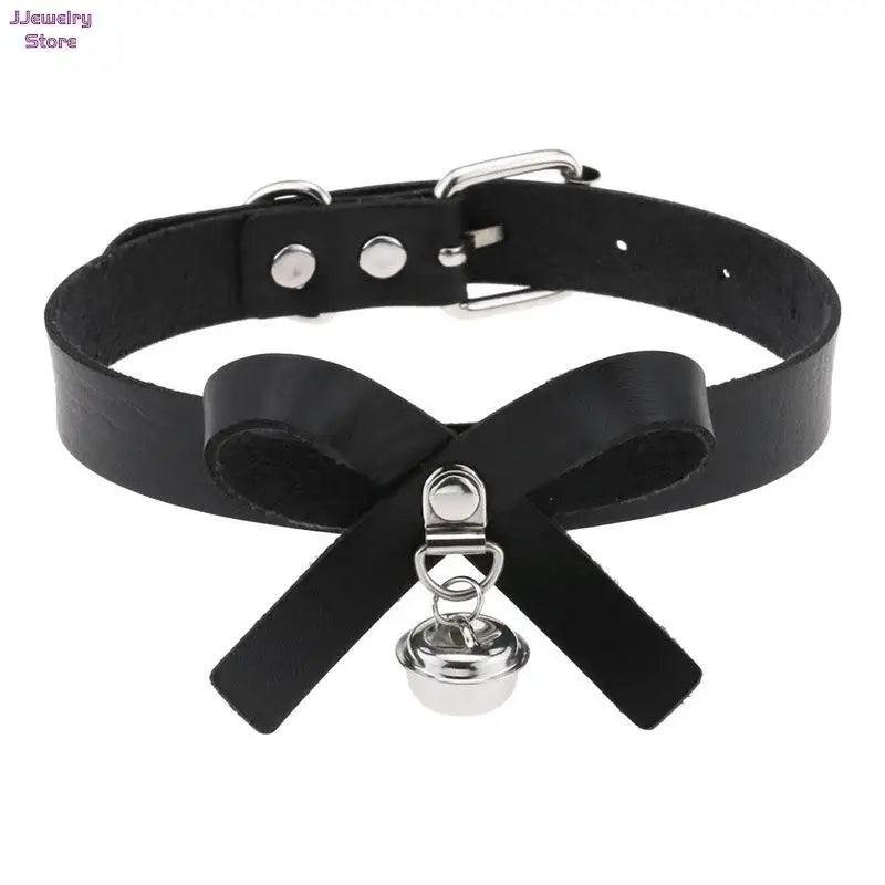 Leather Bell Choker Necklace Cat Cosplay Bow Collar Gothic Jewelry
