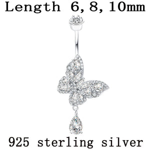 Butterfly Dangle Water Drop Zircon 925 Silver Belly Button Ring