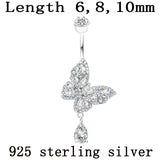 Butterfly Dangle Water Drop Zircon 925 Silver Belly Button Ring