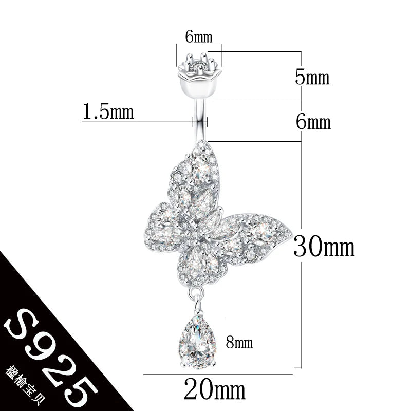 Butterfly Dangle Water Drop Zircon 925 Silver Belly Button Ring
