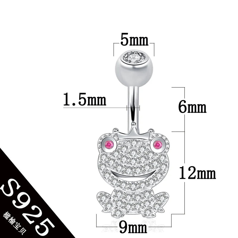 Frog Belly Button Ring 925 Silver Zircon Stone Crown Piercing