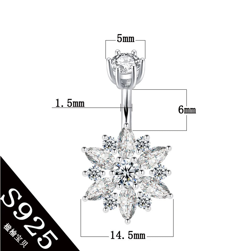 925 Sterling Silver Flower Zircon Belly Button Ring