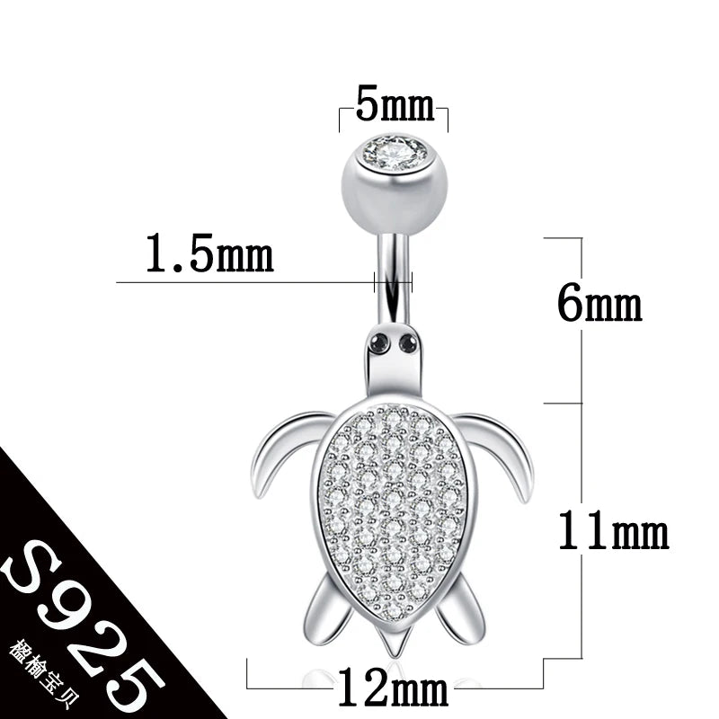 925 Sterling Silver Tortoise Belly Button Ring with Clear Zircon Stones