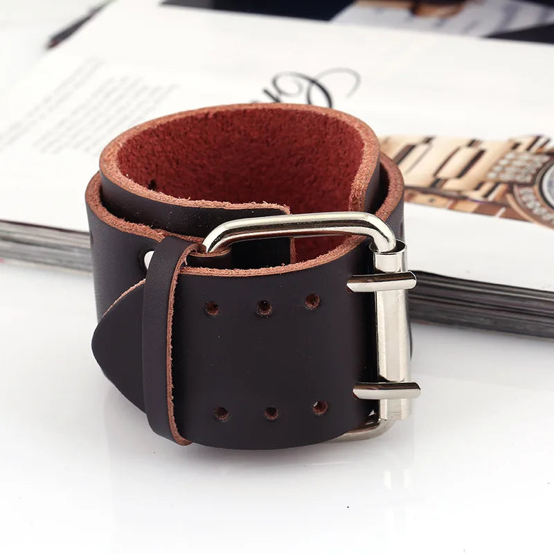 Leather Bracelet With Alloy Buckle Adjustable Cuff Wristband
