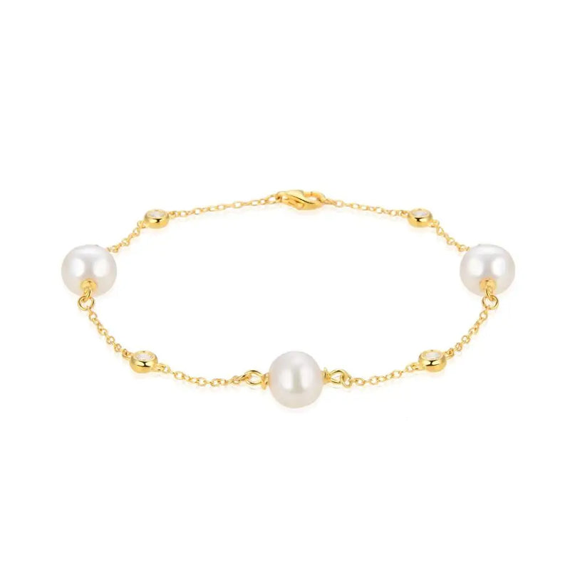 925 Silver CZ & Freshwater Pearl Chain Bracelet for Women