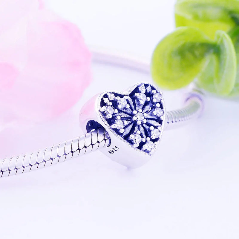 925 Sterling Silver Snowflake Heart Beads Charms for Bracelets