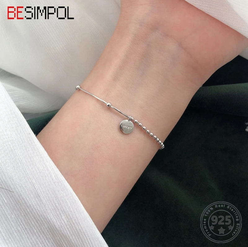 Besimpol 925 Silver Lucky Letter Bracelet Smiley Chain Fine Jewelry