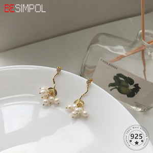 Sterling Silver Tassel Leaves Pearl Earrings for Women