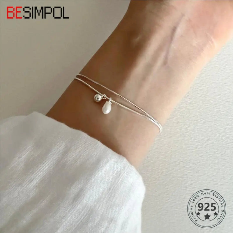 925 Silver Pearl Bracelet Double Layer Bead Bracelet For Women