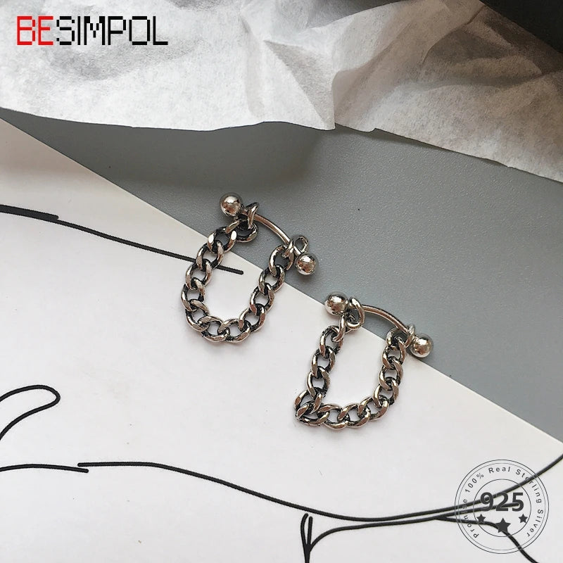 925 Sterling Silver Stud Earrings Vintage Anti Allergy Chain Earrings