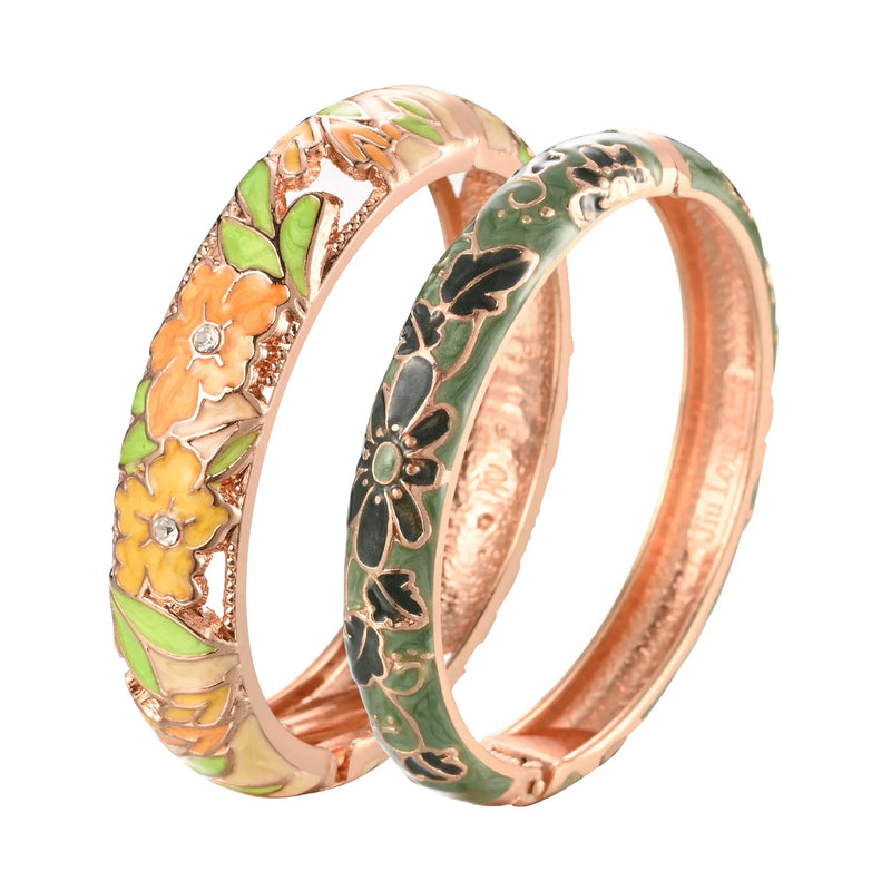 Vintage Flower Cloisonne Bracelet Set - Stylish Bangle Jewelry