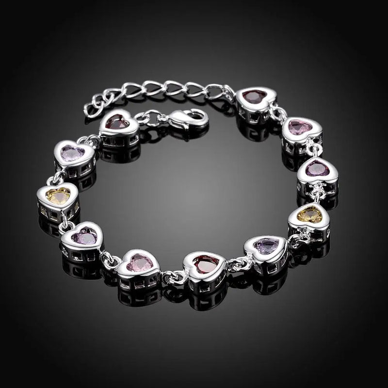 Colorful CZ Heart Link Bracelets 925 Sterling Silver Bangles Valentine's