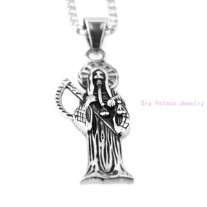 Saint Silver Death Skull Stainless Steel Necklace Men's Jewelry