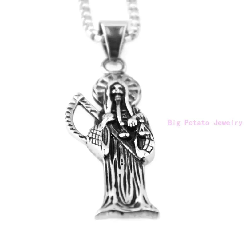 Saint Silver Death Skull Stainless Steel Necklace Men's Jewelry