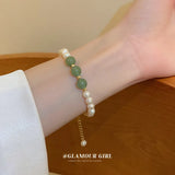Green Agate Stone & Pearl Charm Bracelet