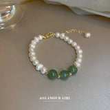 Green Agate Stone & Pearl Charm Bracelet