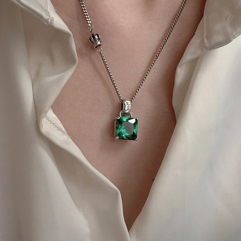 Square Green Crystal Retro Thai Silver Ladies Pendant Necklace
