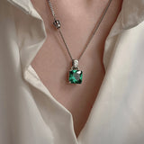 Square Green Crystal Retro Thai Silver Ladies Pendant Necklace