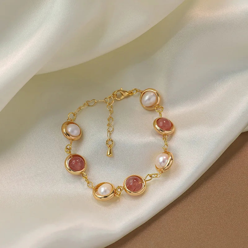 Natural Pearl & Strawberry Quartz 14K Filled Charm Bracelet