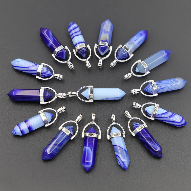 Natural Stone Agate Hexagon Pillar Point Pendants Jewelry Making