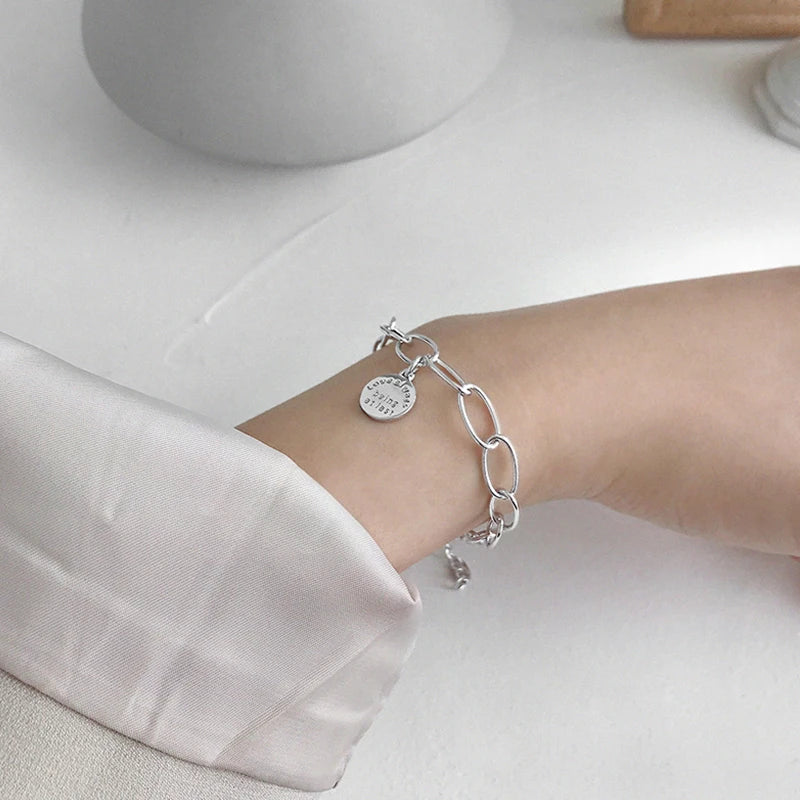 S925 Silver Bracelet Cold Style Alphabet Round Card Chain Jewelry