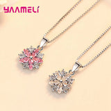 S925 Sakura Flower Pendant Necklace Pink Cubic Zircon Charm with Box Chain