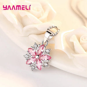 S925 Sakura Flower Pendant Necklace Pink Cubic Zircon Charm with Box Chain