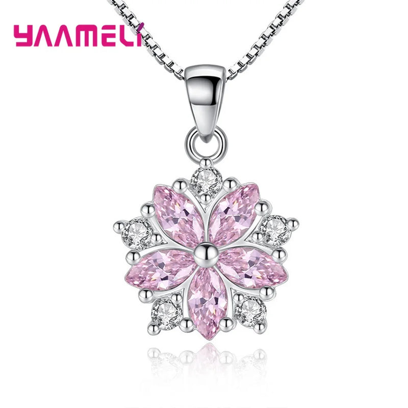 S925 Sakura Flower Pendant Necklace Pink Cubic Zircon Charm with Box Chain