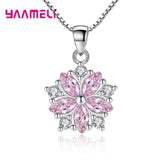 S925 Sakura Flower Pendant Necklace Pink Cubic Zircon Charm with Box Chain