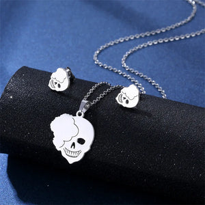 Bff Skull Necklace Earring Set 925 Silver Plated Steel Friends Halloween Jewelry