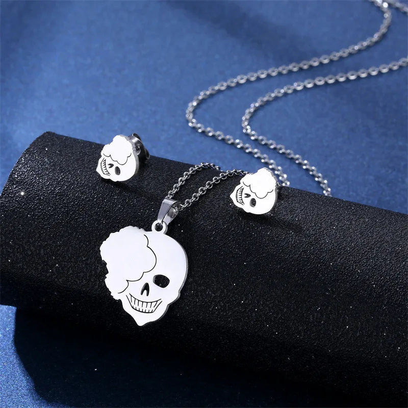 Bff Skull Necklace Earring Set 925 Silver Plated Steel Friends Halloween Jewelry
