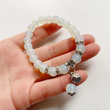 Opalite Crystal Stone Beads 8MM Round Strand Bracelet with Lotus Charm Pendant
