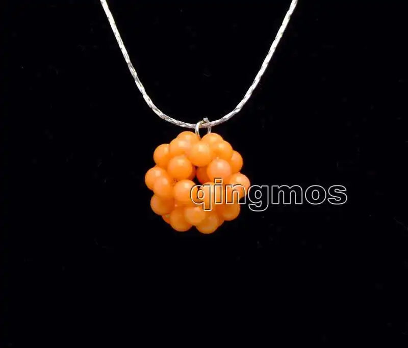 Orange Natural Coral Round Ball Pendant Necklace