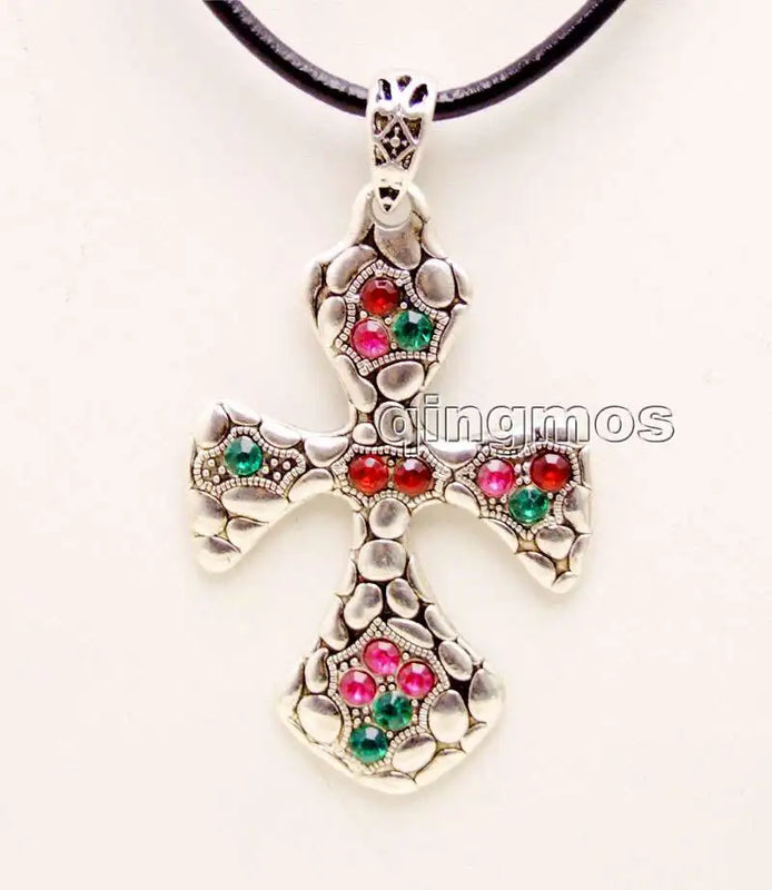 Colorful Crystal Cross Pendant Leather Necklace